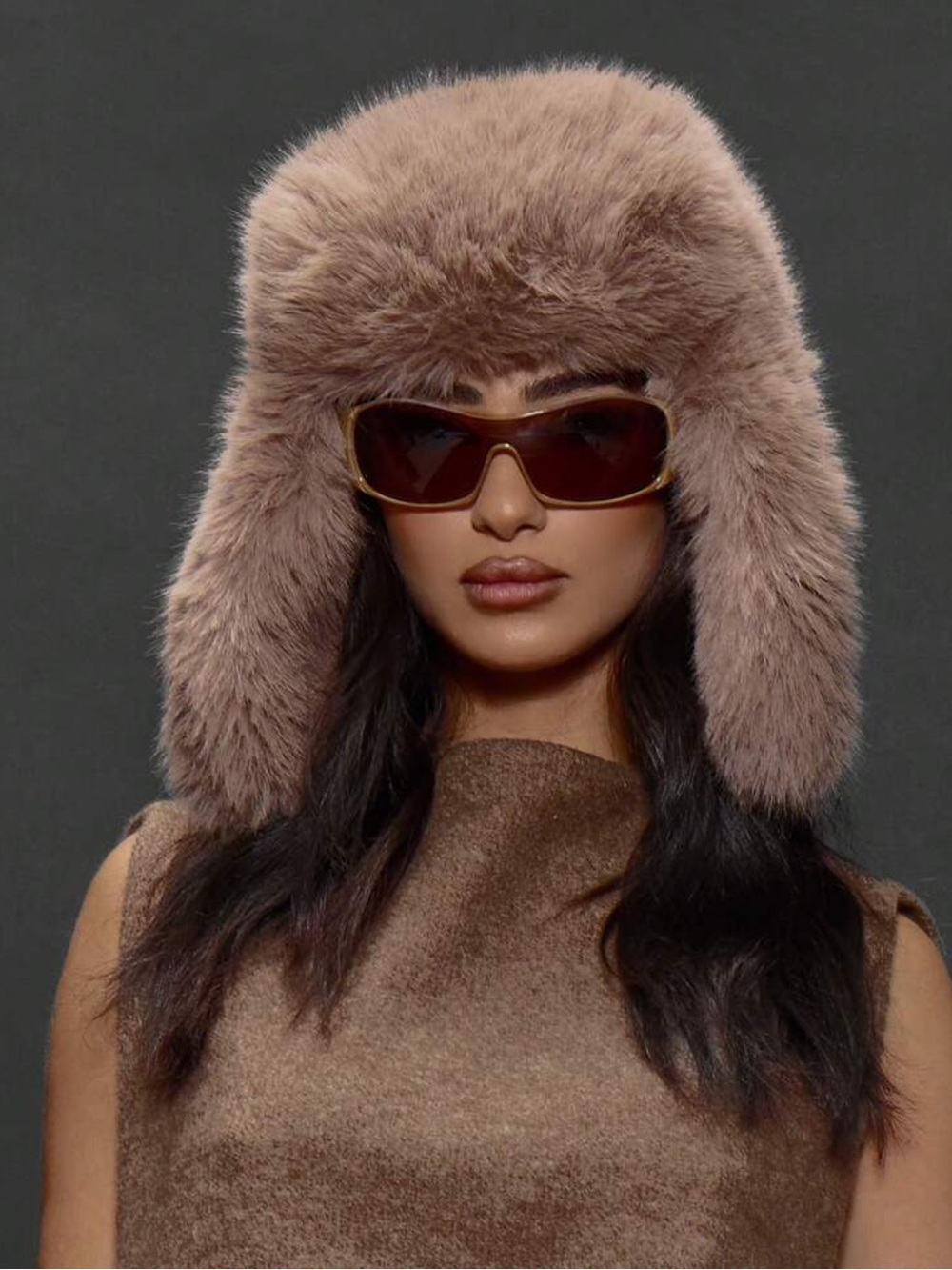 MUSERA Brown Oversized Faux Fur Trapper Hat